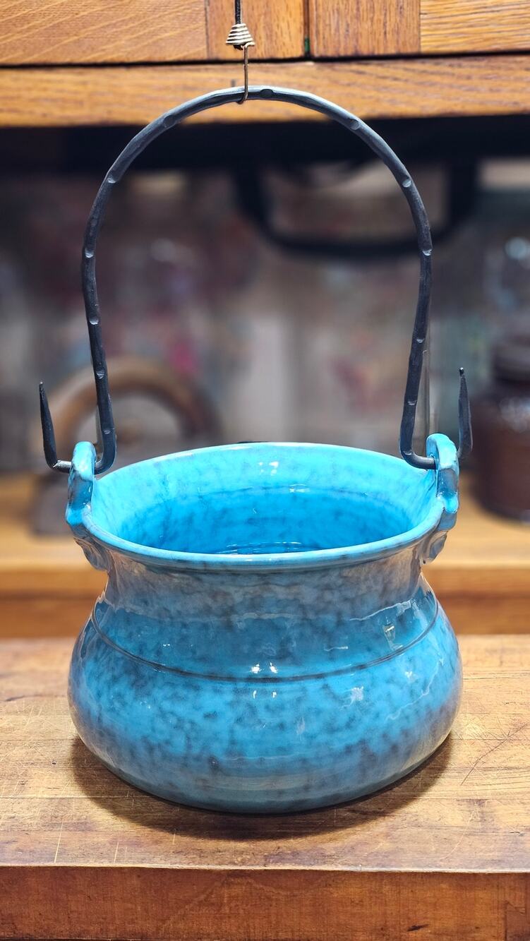 Vintage PV Italy Turquoise Blue Ceramic Cauldron Pot Iron Marked PV7120 **READ**